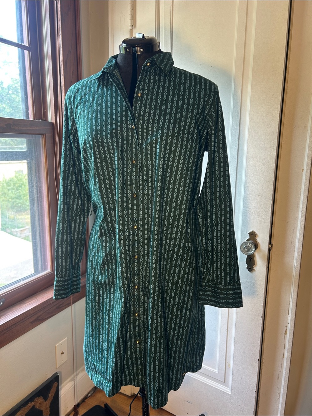 Tommy Hilfiger Teal Green Patterned Button-Front Long Sleeve Dress